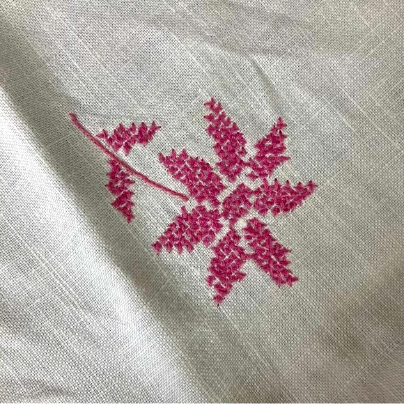 Handmade Linen Cross Stitch Raspberry and Pink Floral Tablecloth - Picture 2 of 6